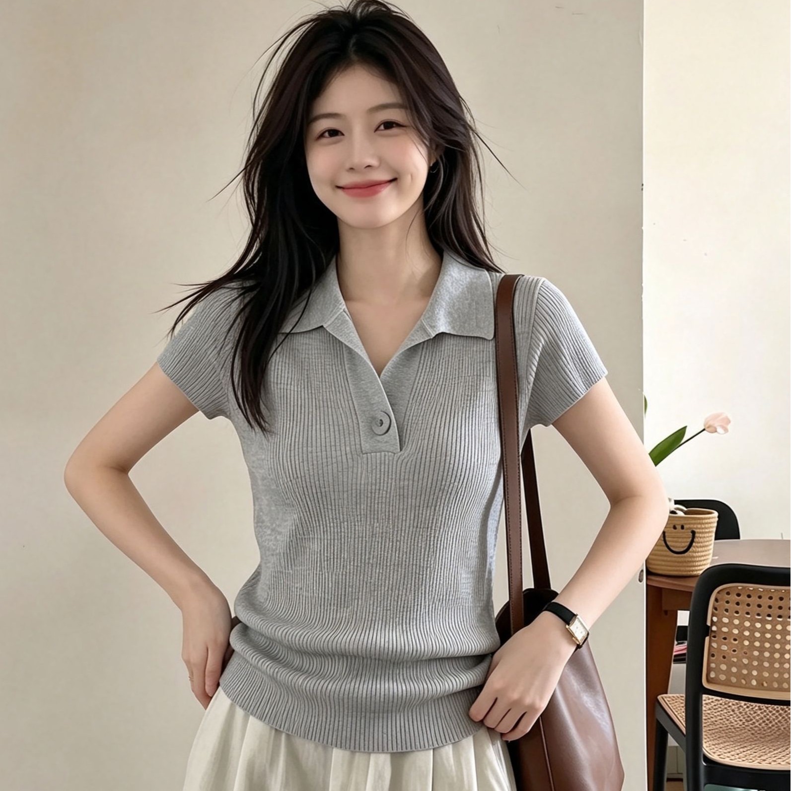 2026 Summer New Lapel Knit Short Sleeve Top with V-Neck Single Button Slimming Cropped Design - Image 5