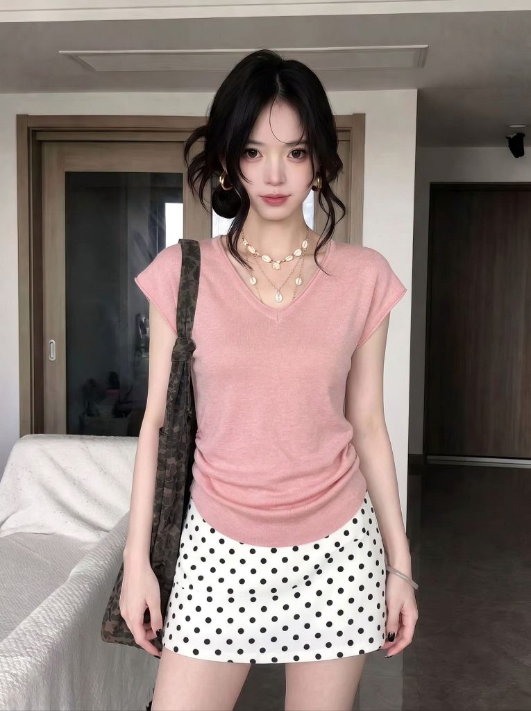 French Style Pink V-Neck Knit Top Women Summer Short Sleeve T-Shirt