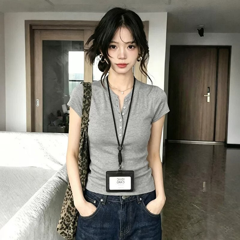 Women's Slim Fit Henley Neck Short Sleeve Knit T-Shirt Summer Top