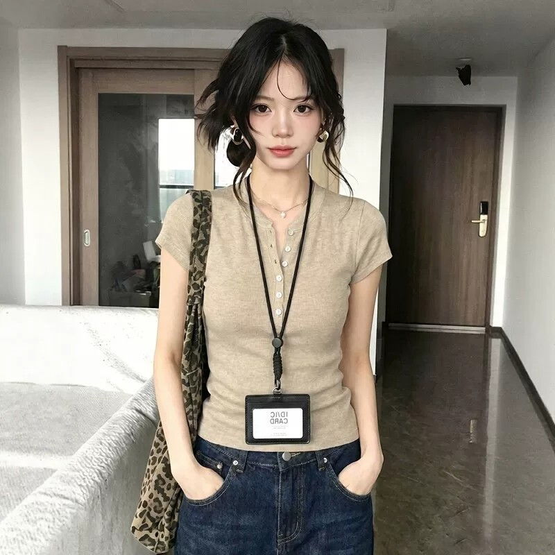 Women's Slim Fit Henley Neck Short Sleeve Knit T-Shirt Summer Top - Image 4