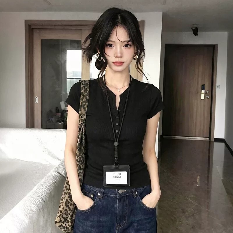 Women's Slim Fit Henley Neck Short Sleeve Knit T-Shirt Summer Top - Image 2