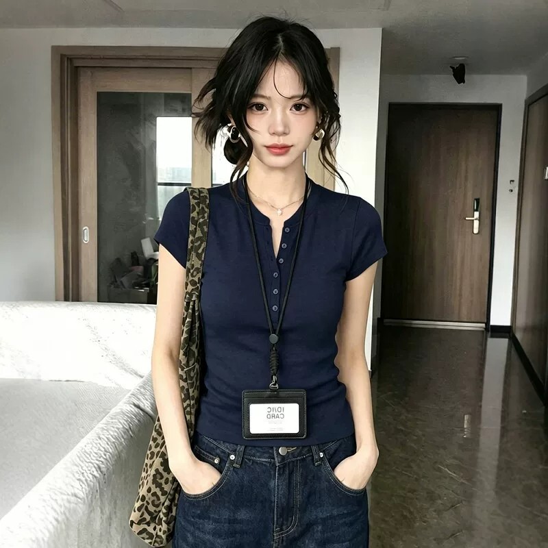 Women's Slim Fit Henley Neck Short Sleeve Knit T-Shirt Summer Top - Image 5