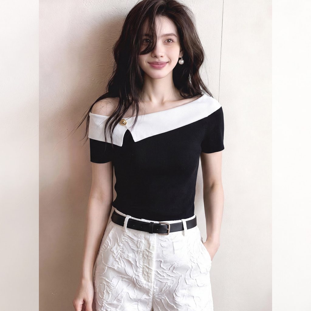 2026 Korean French Off-Shoulder Color-Block Knit Top for Women Black Elegant
