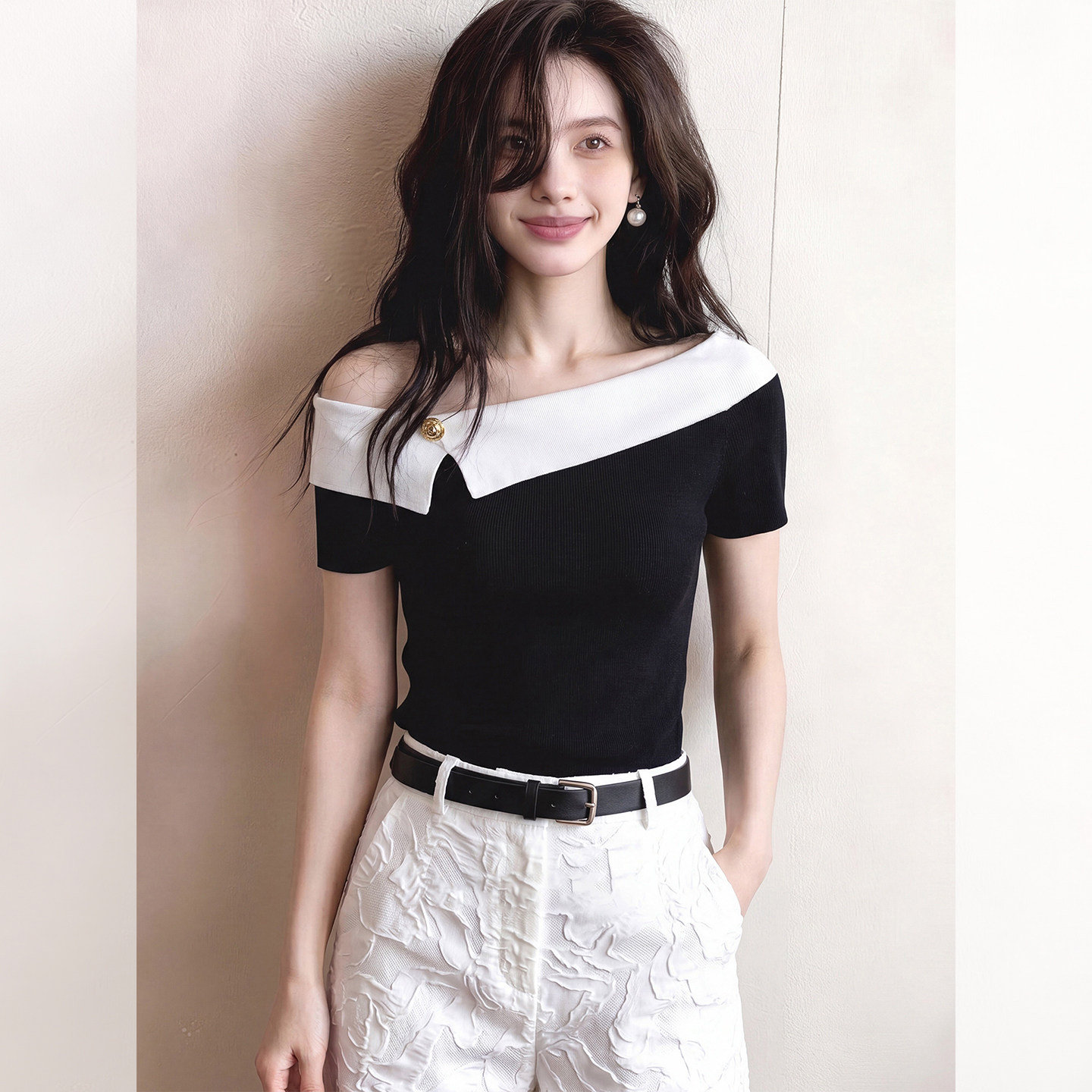 2026 Korean French Off-Shoulder Color-Block Knit Top for Women Black Elegant