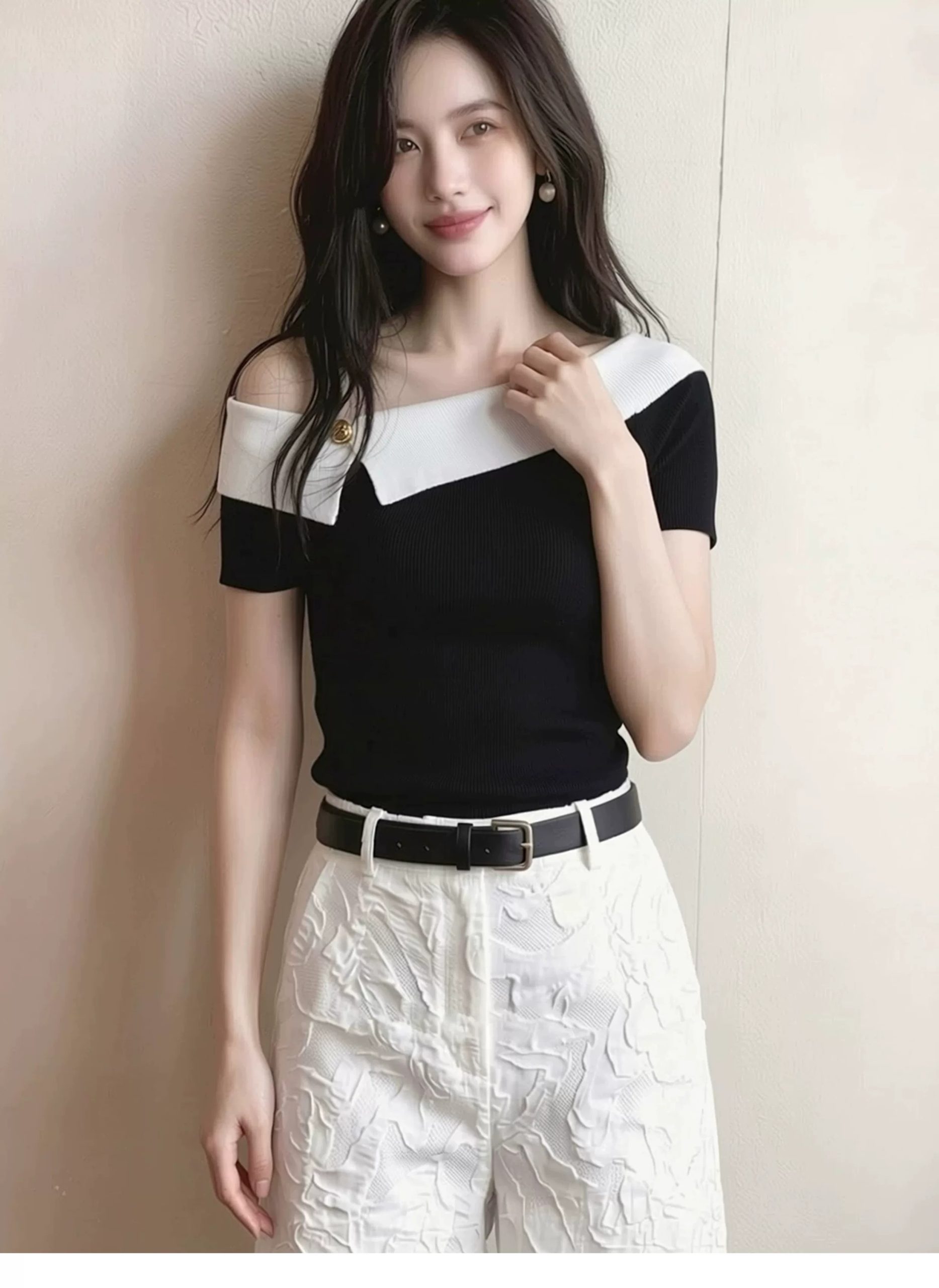 2026 Korean French Off-Shoulder Color-Block Knit Top for Women Black Elegant - Image 3