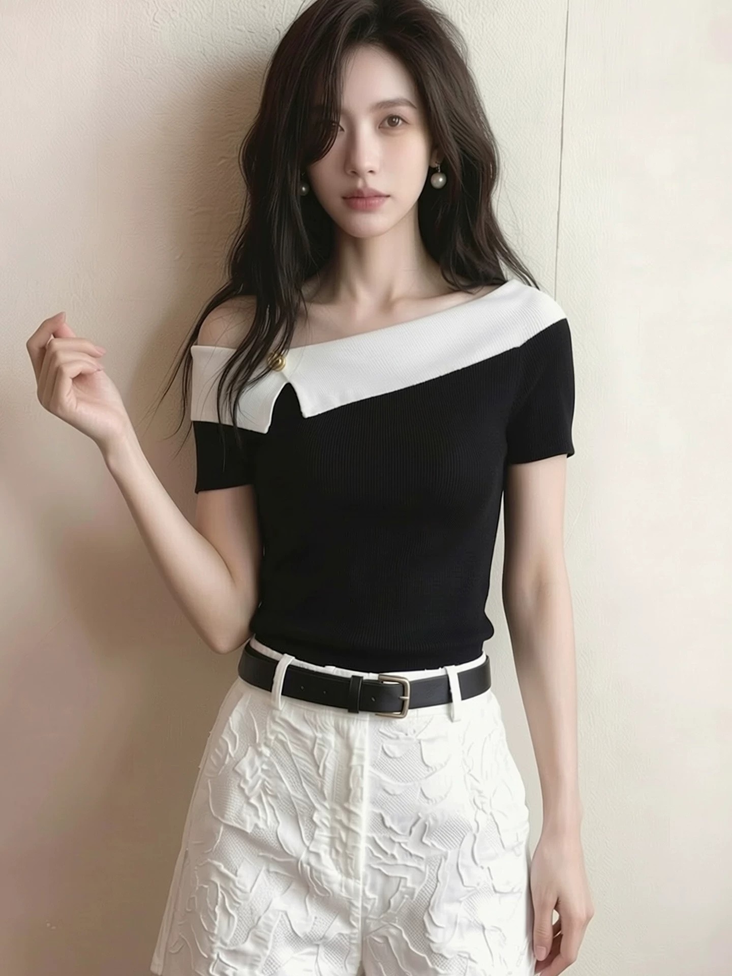 2026 Korean French Off-Shoulder Color-Block Knit Top for Women Black Elegant - Image 2