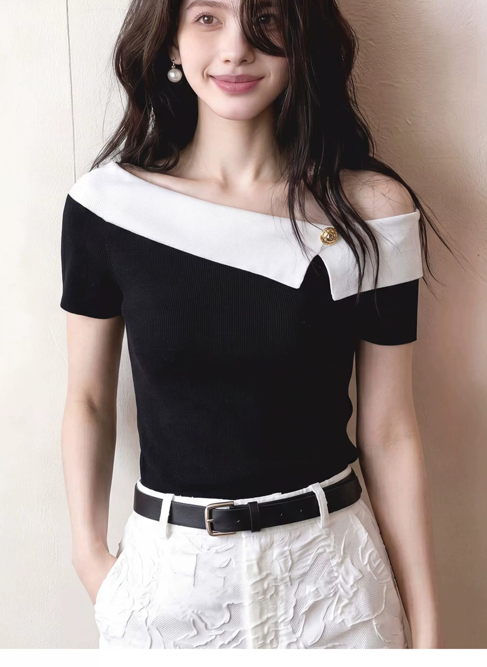 2026 Korean French Off-Shoulder Color-Block Knit Top for Women Black Elegant - Image 4