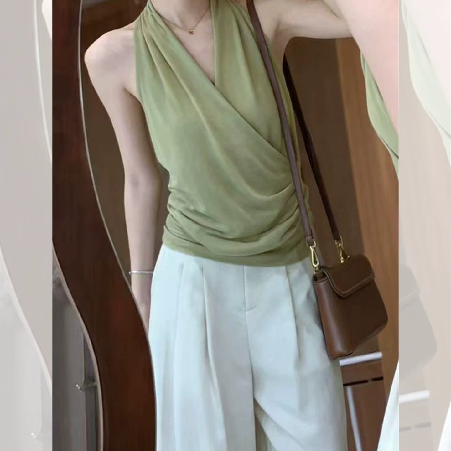 French Green V-Neck Halter Sleeveless Cami Top for Women Summer Backless Knit Top - Image 4