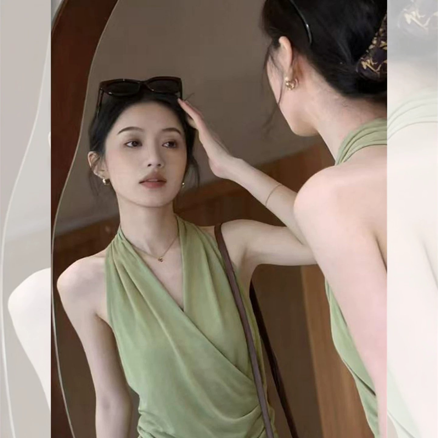 French Green V-Neck Halter Sleeveless Cami Top for Women Summer Backless Knit Top - Image 5