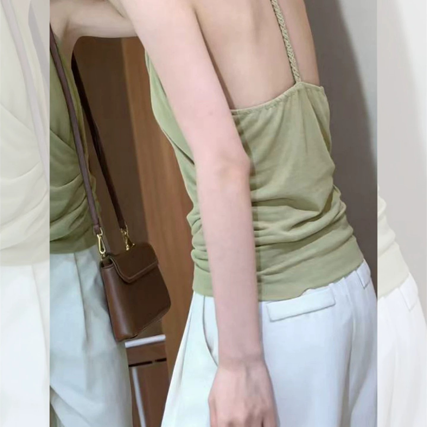French Green V-Neck Halter Sleeveless Cami Top for Women Summer Backless Knit Top - Image 3