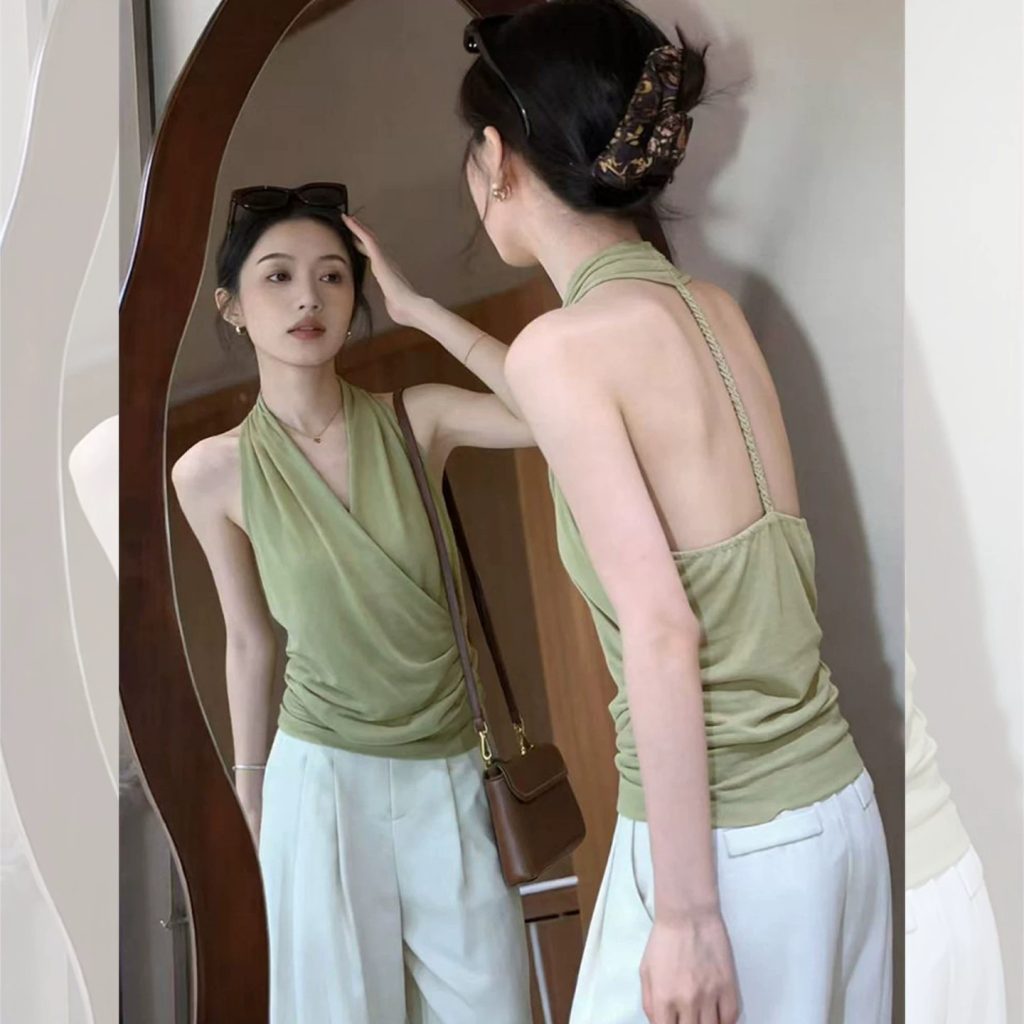 French Green V-Neck Halter Sleeveless Cami Top for Women Summer Backless Knit Top