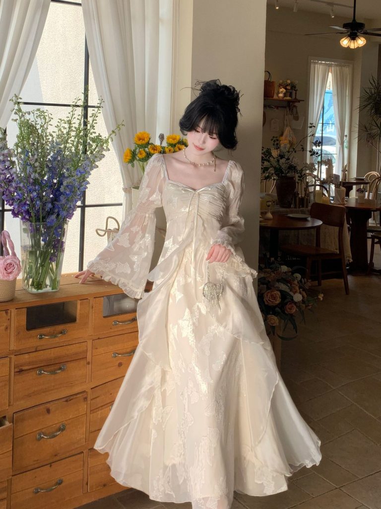 Blovelan Morning Mist Gardenia Soft Glow Cutout Butterfly Ruffle Fairy Dress Long Sleeve Autumn