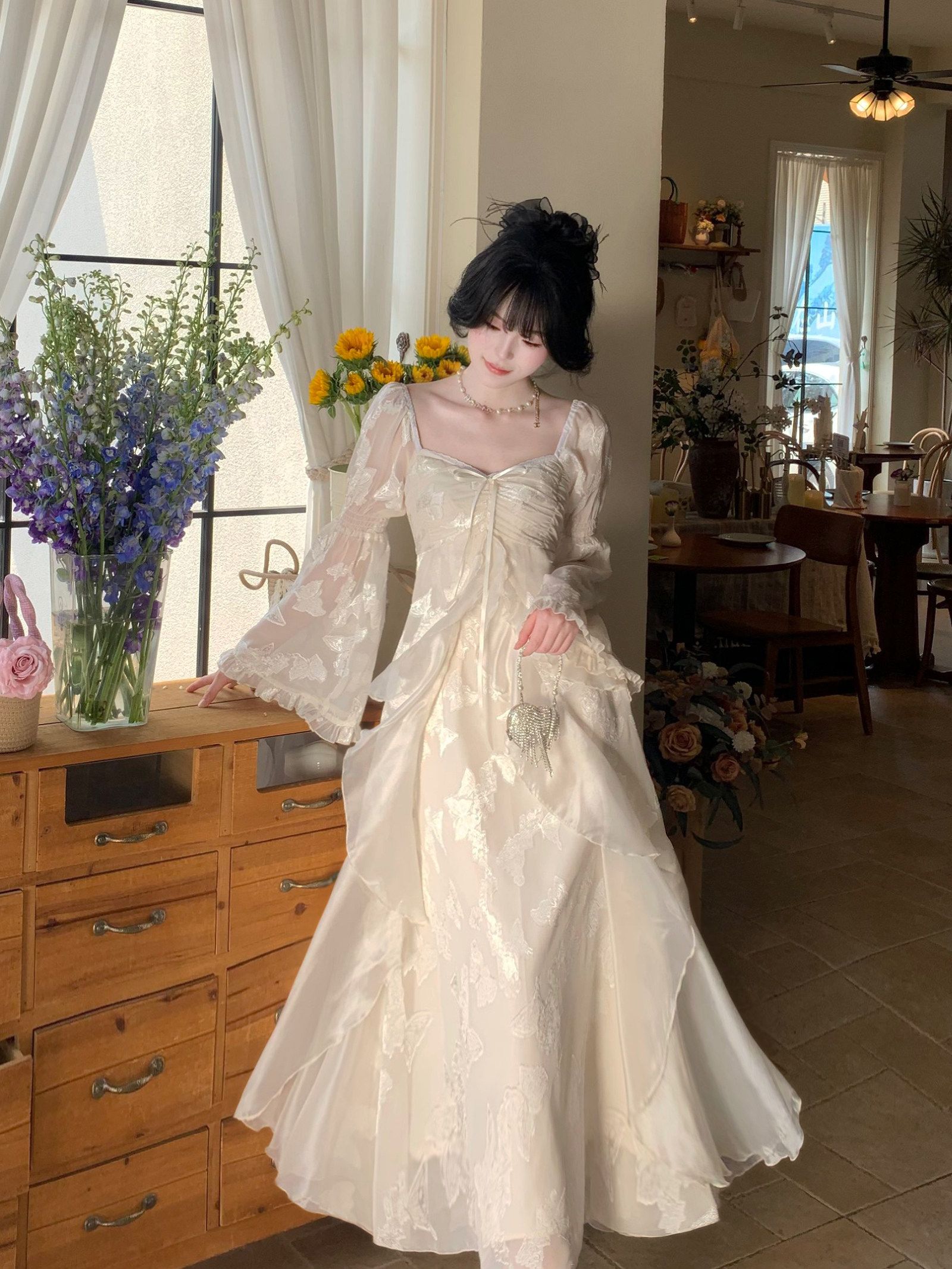 Blovelan Morning Mist Gardenia Soft Glow Cutout Butterfly Ruffle Fairy Dress Long Sleeve Autumn