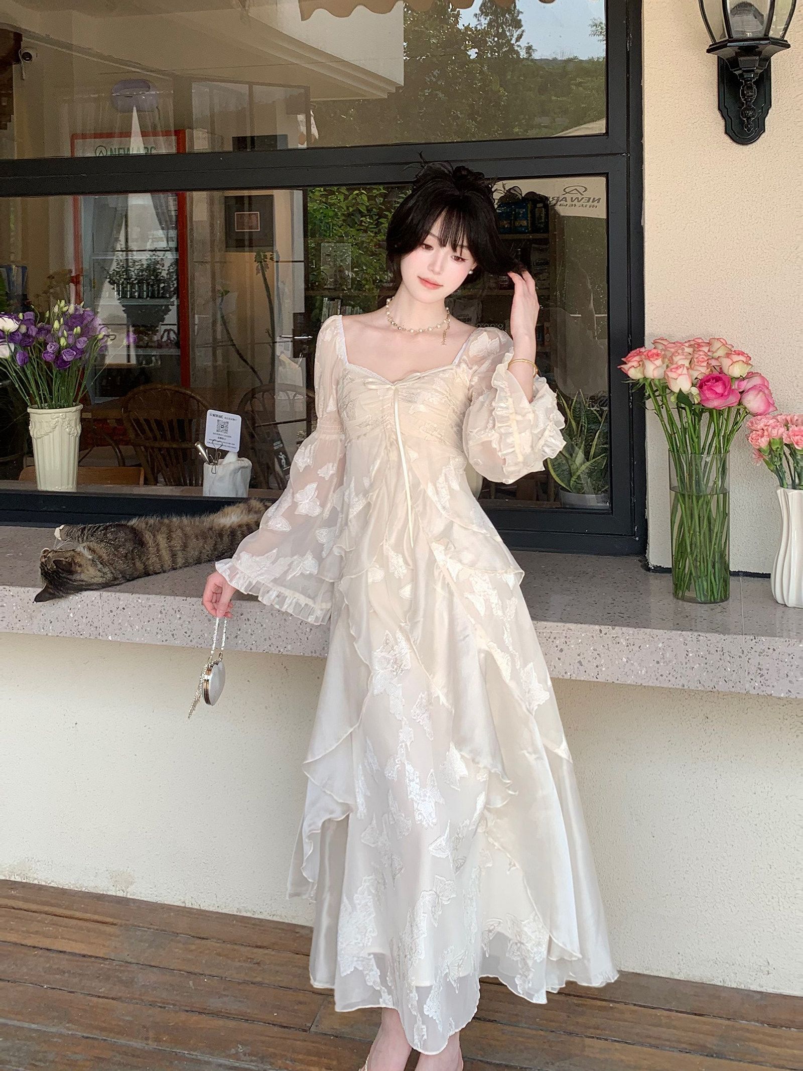 Blovelan Morning Mist Gardenia Soft Glow Cutout Butterfly Ruffle Fairy Dress Long Sleeve Autumn - Image 2