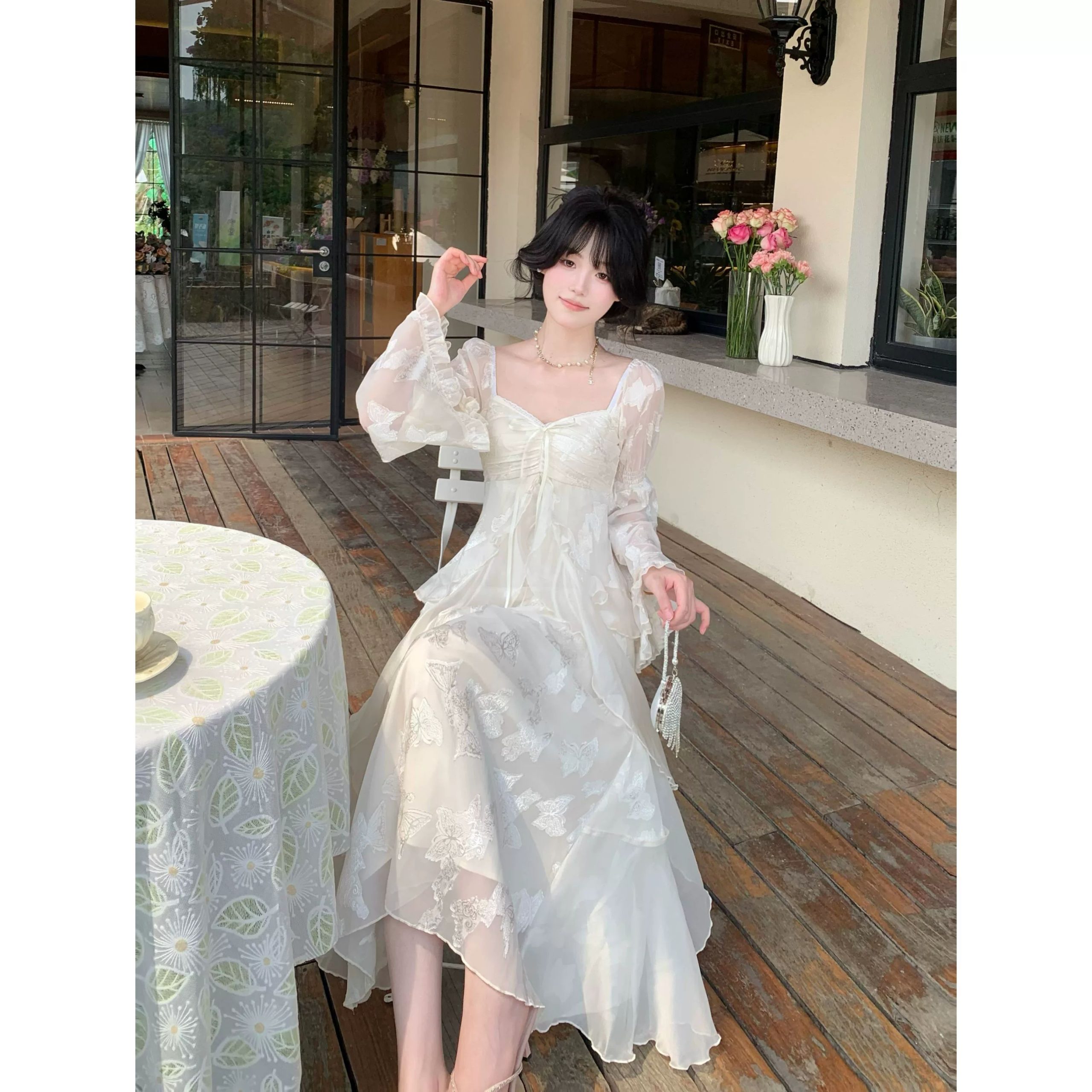 Blovelan Morning Mist Gardenia Soft Glow Cutout Butterfly Ruffle Fairy Dress Long Sleeve Autumn - Image 3