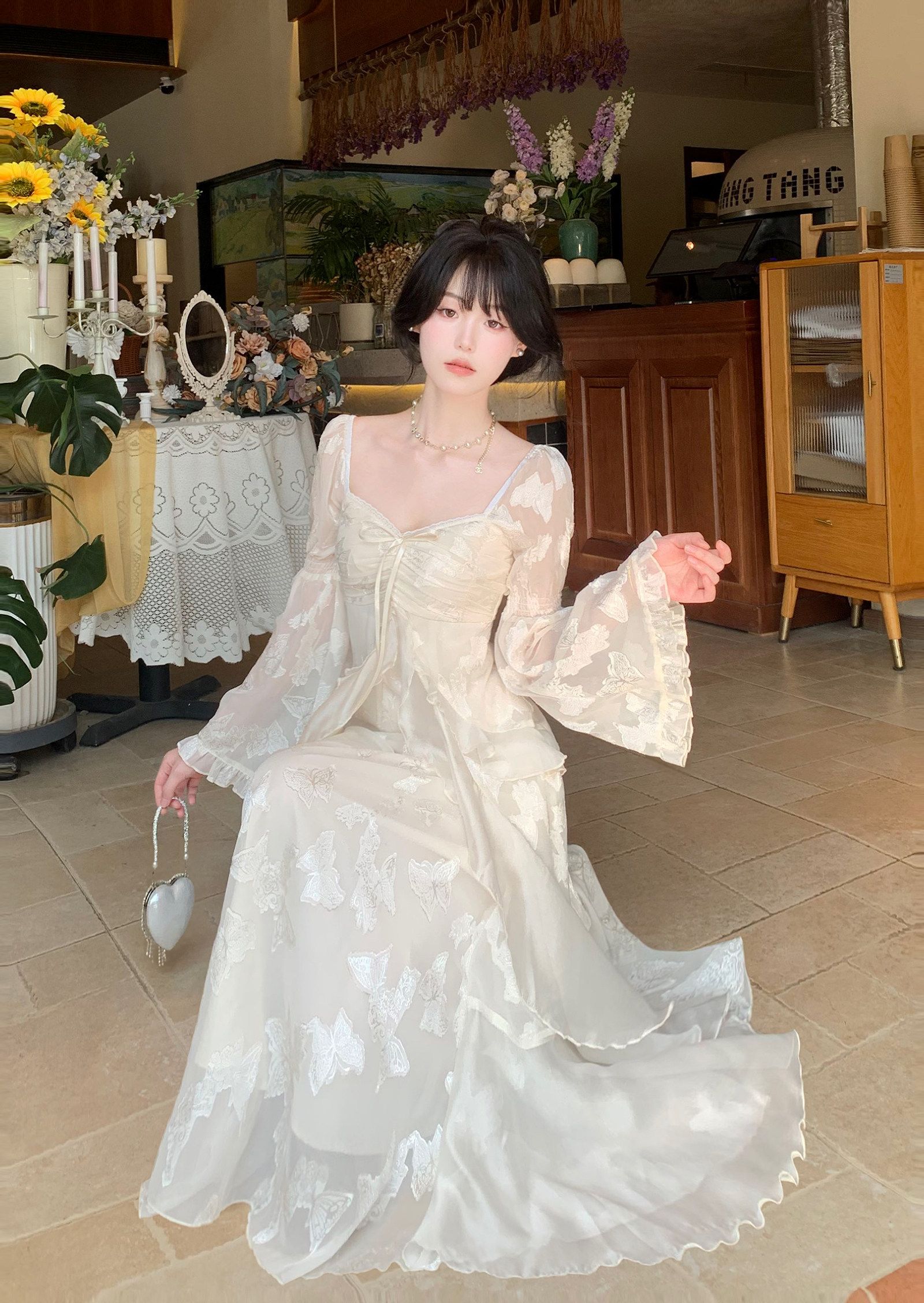 Blovelan Morning Mist Gardenia Soft Glow Cutout Butterfly Ruffle Fairy Dress Long Sleeve Autumn - Image 4