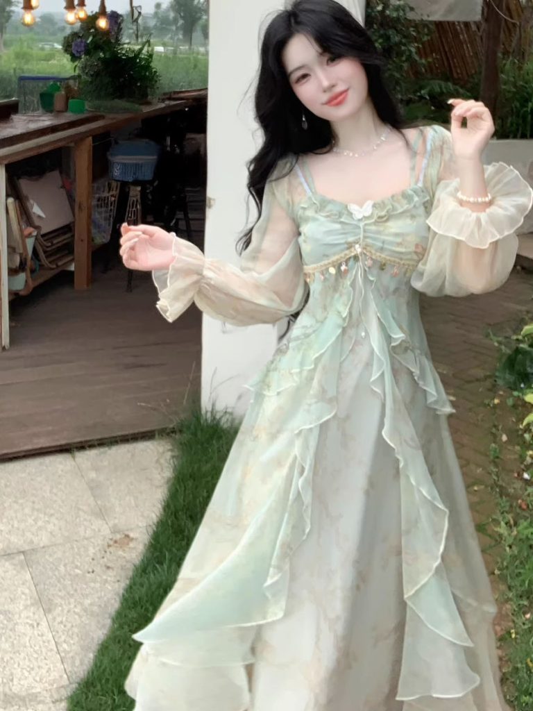 French Tea Break Pure Desire Style Princess Long Dress with Gray Gradient Ruffles and Hazy Beauty