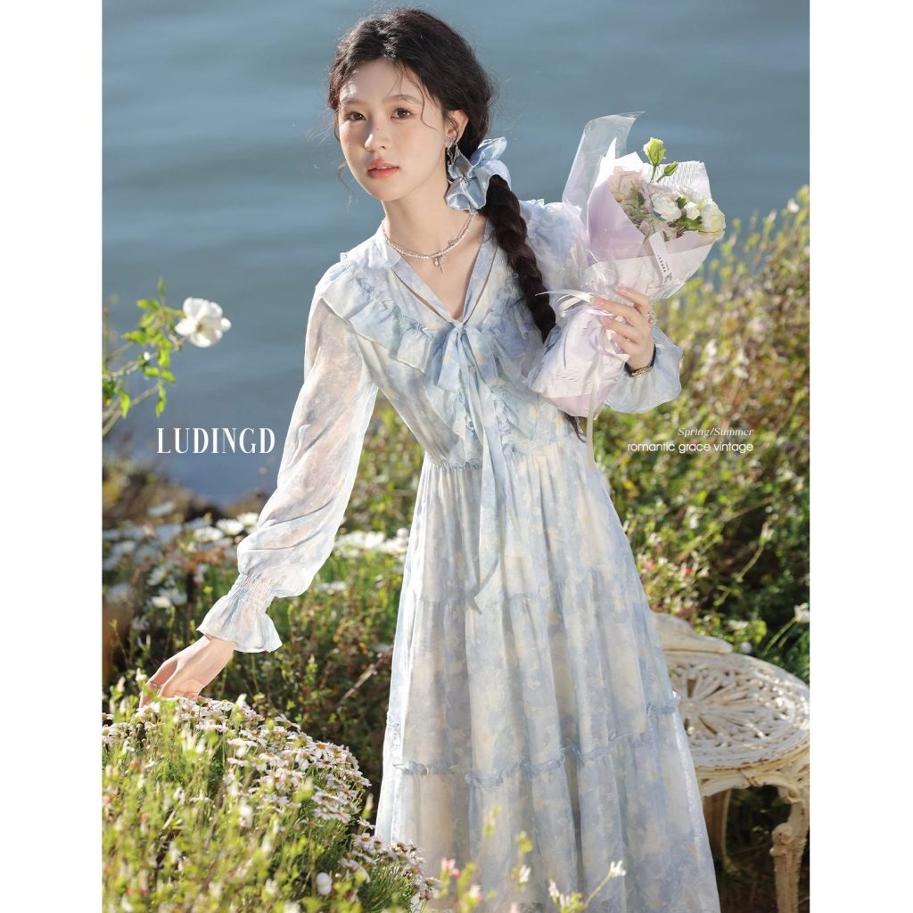 Plus Size French Ruffle Dress 2026 Spring Summer Long Sleeve Chiffon Fairy Dress