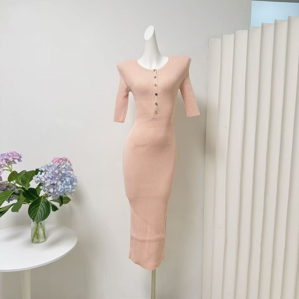 Elegant Slimming Knit Dress for Women Short Sleeve Commute Style