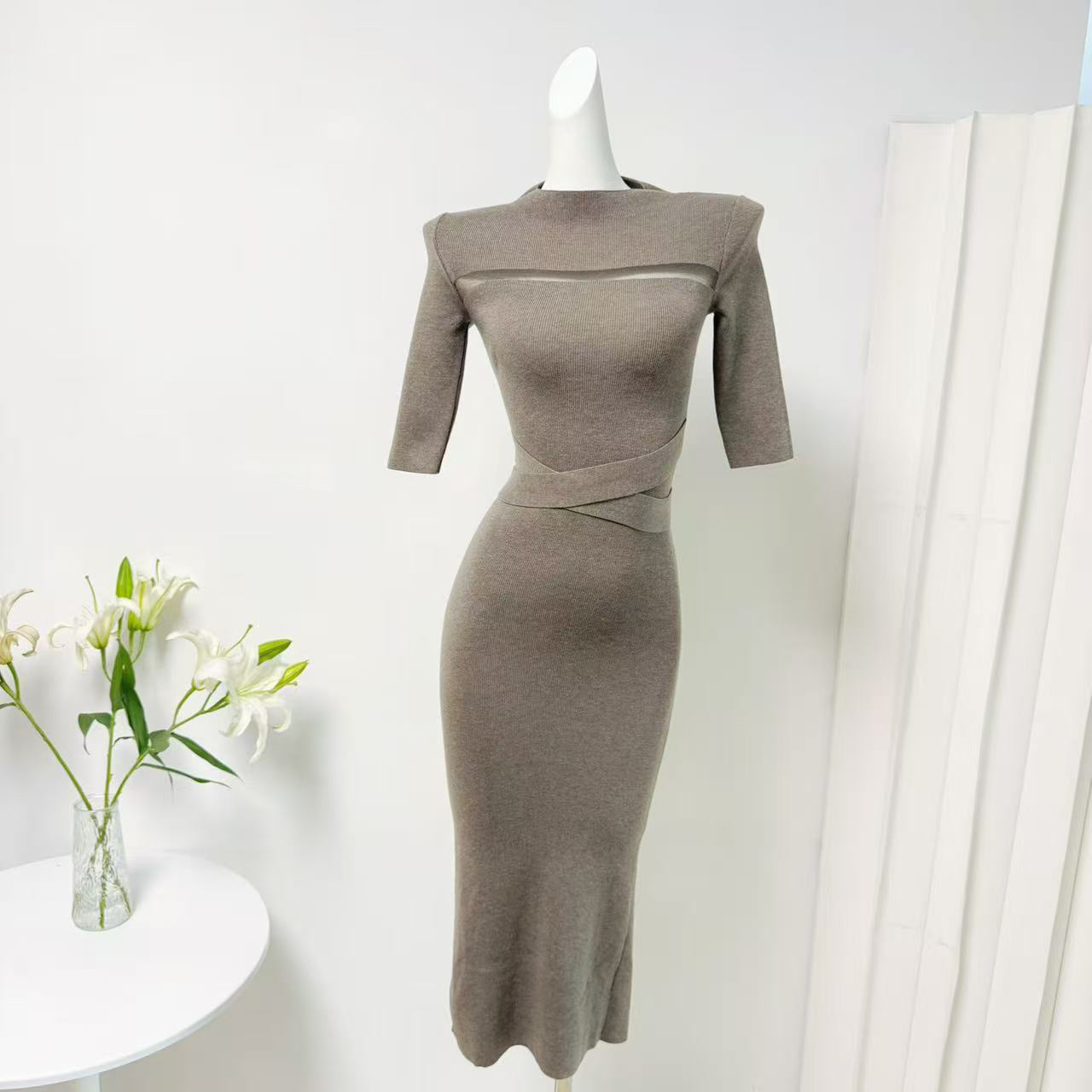 ACHI Da Ye Chi Half Turtleneck Mid Sleeve Knit Dress Women Elegant Slim Long Bodycon Rachel Dress - Image 4