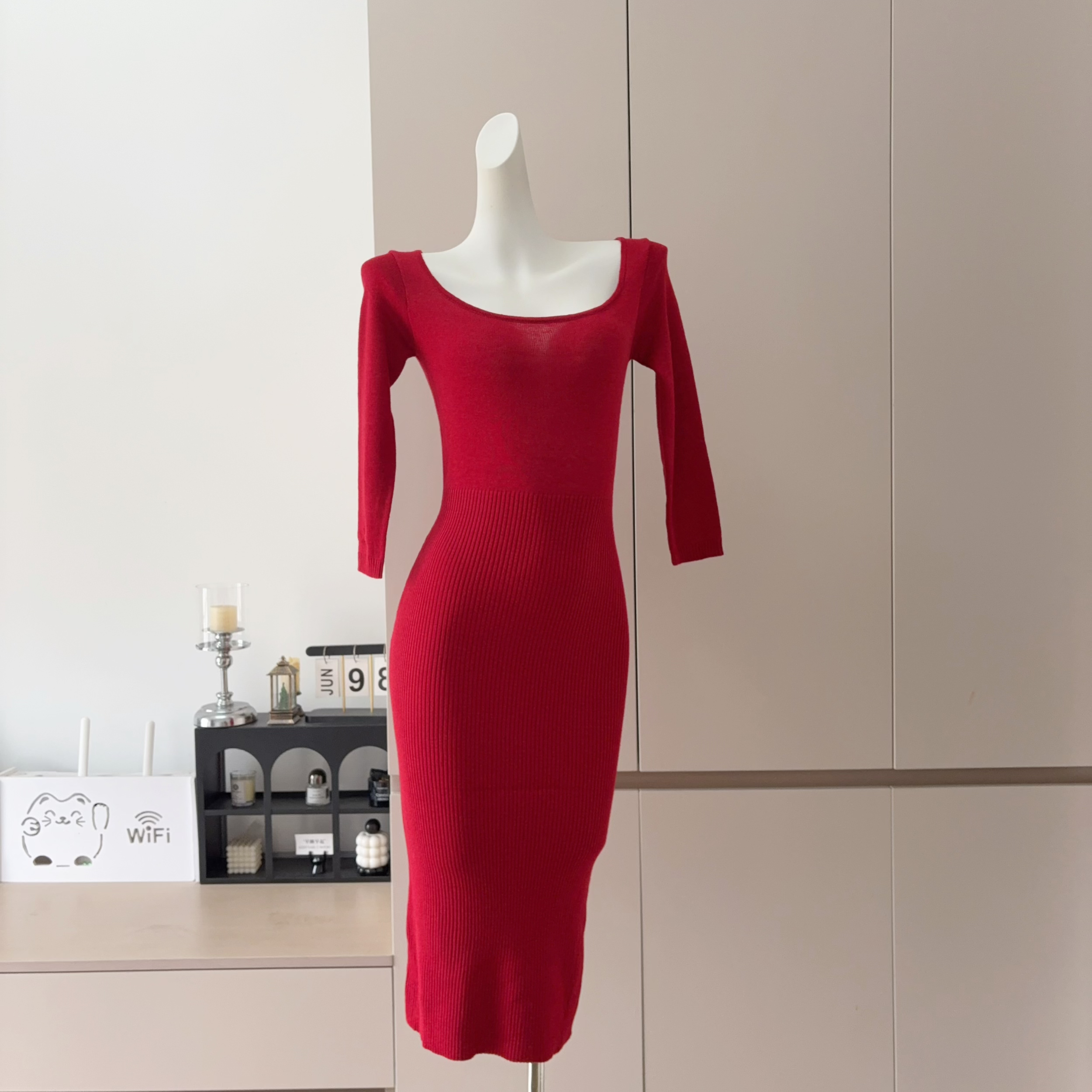 Women's Red Knit Dress with Wide Round Neck and 3/4 Sleeves - Image 2