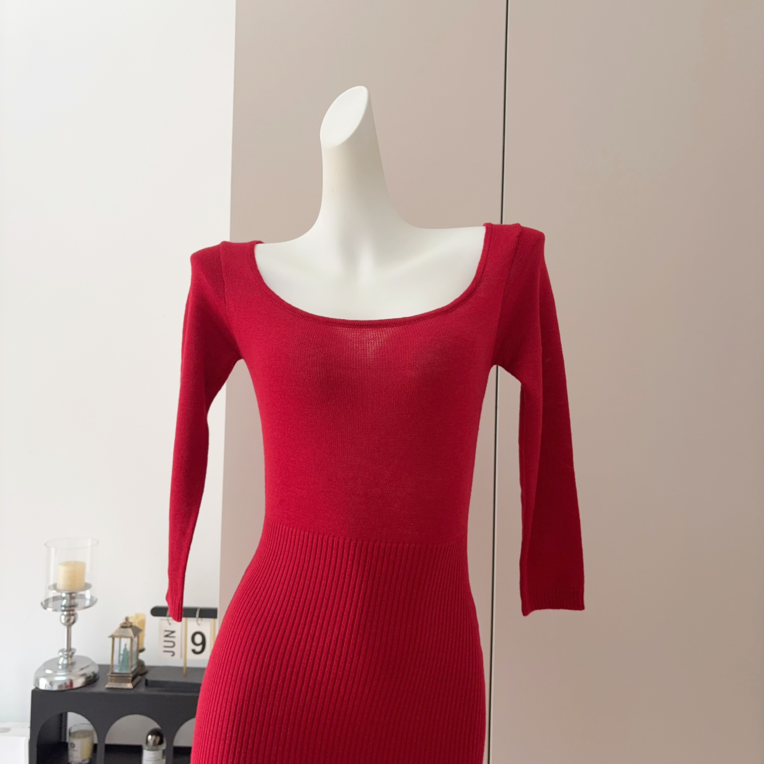 Women's Red Knit Dress with Wide Round Neck and 3/4 Sleeves - Image 4