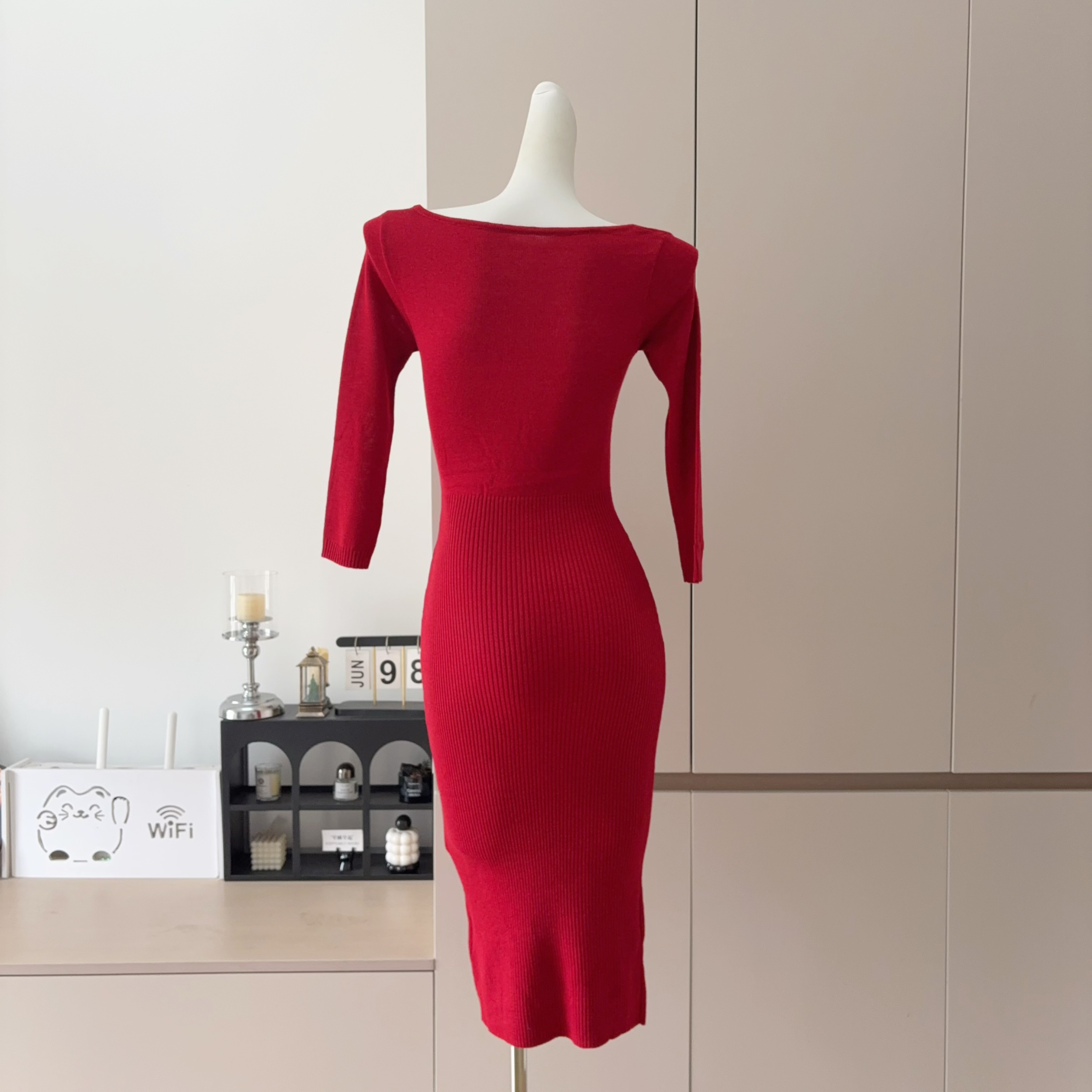 Women's Red Knit Dress with Wide Round Neck and 3/4 Sleeves - Image 5